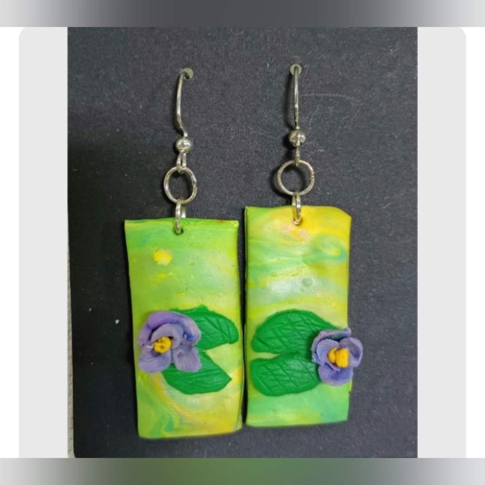 Purple Floral Pond Lily Pad Drop Earrings